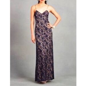 Donna Morgan Navy and Beige Floral Lace Maxi Dress